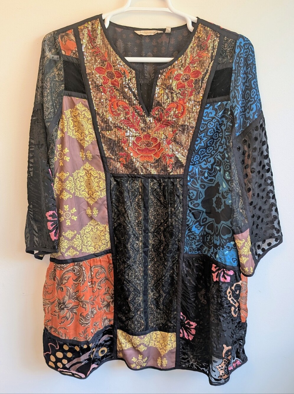 Soft Surroundings Adassa Velvet Tunic Mini Dress XL Patchwork Sequin Artsy Boho
